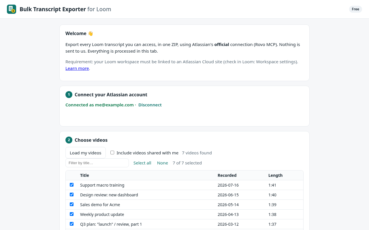 The exporter listing Loom videos ready to export