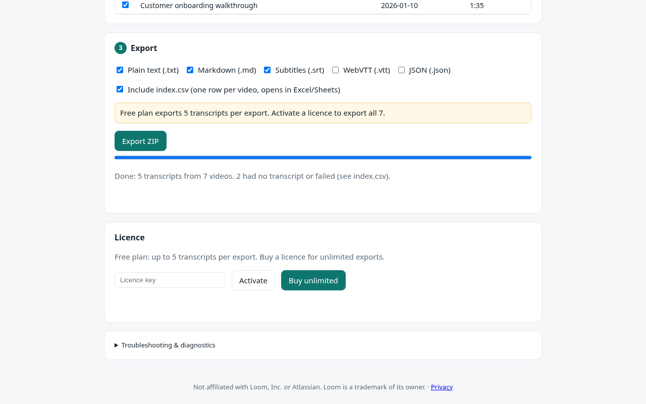 Export options: plain text, Markdown, subtitles, JSON and a CSV index